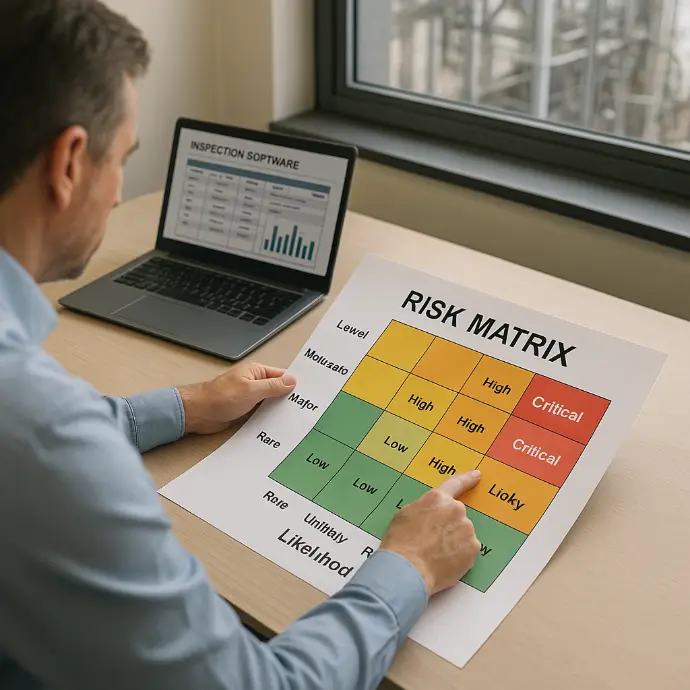 A person working at a desk with a laptop and a large printed color-coded map or chart, likely analyzing data or planning a project.
