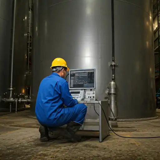 Certified inspector performing NDT on storage tank
