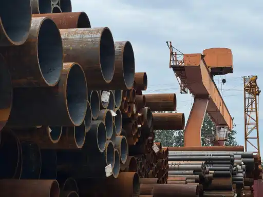 Steel pipes stored in industrial yard for energy infrastructure logistics